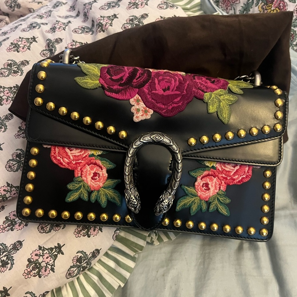 Gucci Black Bag with Pink Floral Embroidery and Gold Studs
